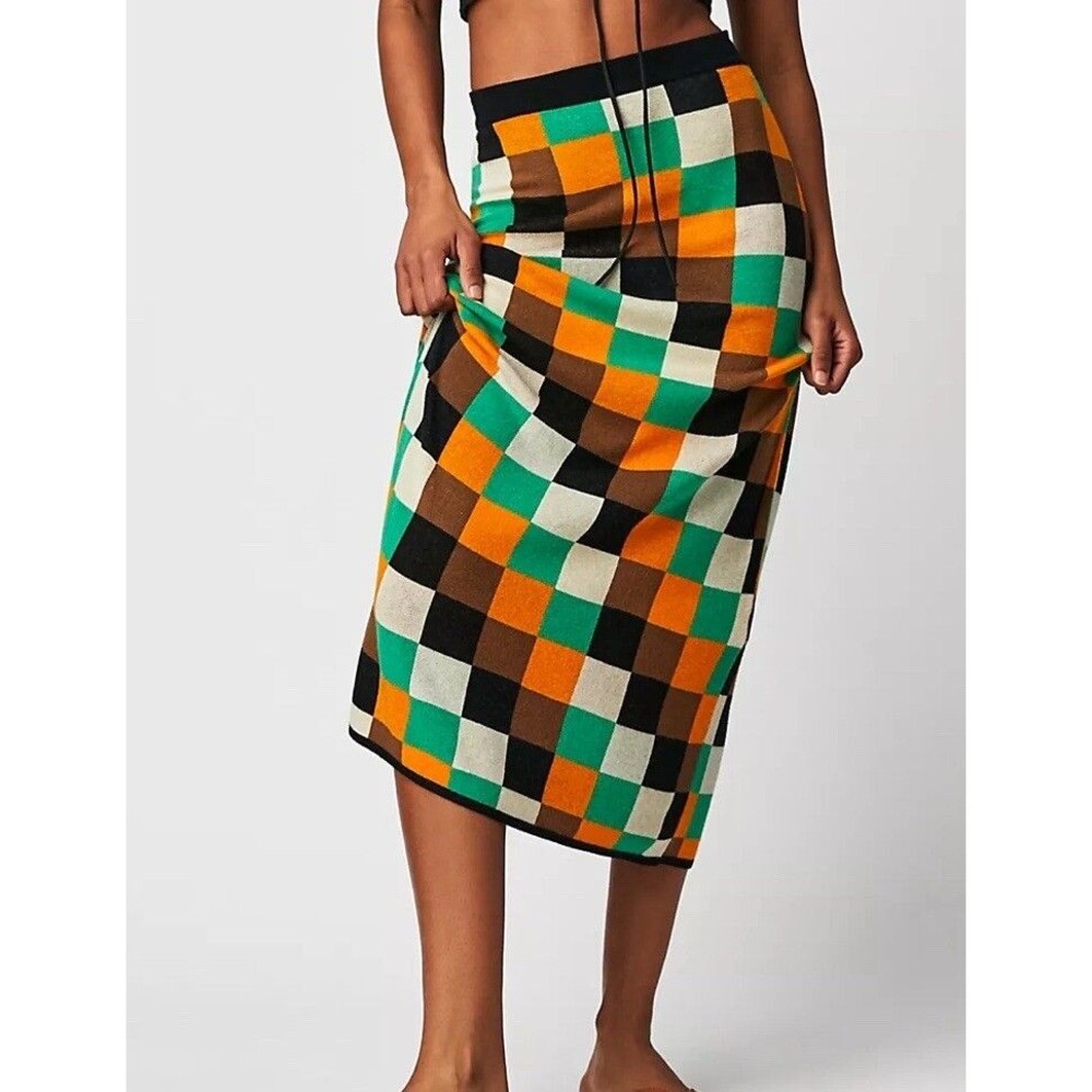 Free People Rita Row Otto Knit Skirt Pull On Green Check Preppy Boho Medium NWT